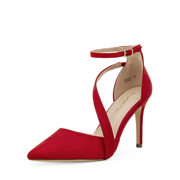 Pointed Toe Ankle Strap High Heel Pump Shoes - RED SUEDE -  0